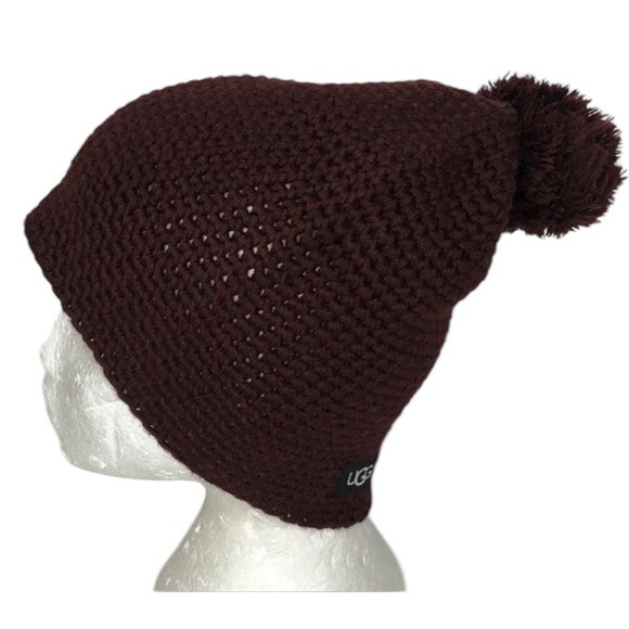 UGG Australia Beanie Womens OS Maroon Chunky Waffle Knit Pom Pom Slouchy - Picture 2 of 6